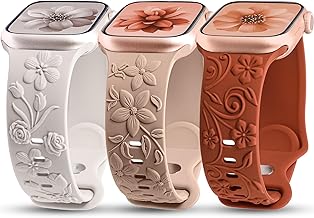 3 Pack 3D Floral Embossed Bands Compatible with Apple Watch Band 38/40/41/42/44/45/46/49mm Women, Engraved Soft Silicone Flower Cute Dressy Straps for iWatch Series 10/9/SE/Ultra/8/7/6/5/4/3/2/1