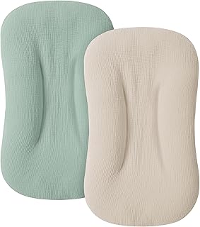 Muslin Baby Cover for Newborn, Soft and Breathable 100% Cotton Lounger Slipcover Neutral, Pack of 2(Green, Ivory)