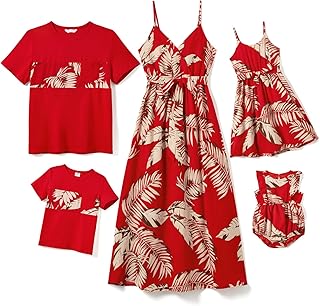 PATPAT Family Matching Outfits Mommy and Me Dresses Hawaiian Tropical Vacation Beach Spaghetti Strap Dress and Shirt