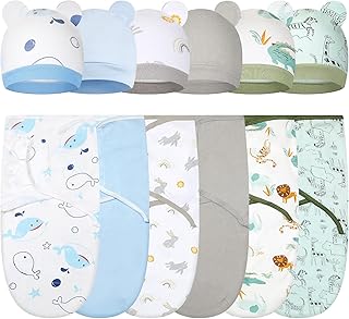 Ramede 6 Pack Baby Swaddle Blanket with Hats Sleep Swaddle for 0-3 Months Newborn Sacks Soft Cotton Wearable for Girl and Boy