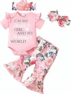Newborn Baby Girl Clothes Infant Outfits Romper Floral Fall Outfit Bell Bottoms Pant Sets Hat Headband Flowerpant