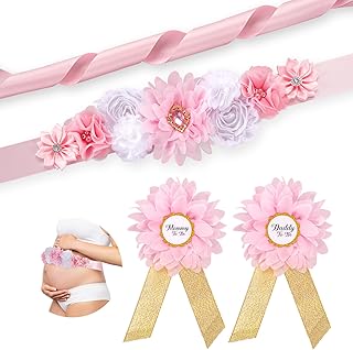 Baby Shower Belly Sash - Pink Bow Mom to be Sach Satin Ribbon Belly Band for Wedding Pregnant Baby Shower Party Photoshoot (PINK)