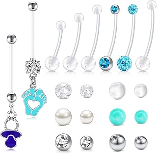 Longita Plastic Pregnancy Belly Button Rings Long Bar Navel Rings for Maternity Sport Pregnant Women Flexible Clear Belly Piercing Retainer Different Length bar and Balls for Replacement 10-32mm