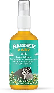 Badger Baby Oil, 100% Organic Ingredients to Soften & Moisturize Dry Skin or Cradle Cap, Soothing Vegan Organic Baby Oil, 4 fl oz Glass Bottle