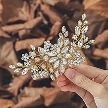 Unsutuo Crystal Bride Wedding Hair Comb Silver Rhinestone Flower Bridal Hair Pieces Pearl Wedding Hair Accessories for Women and Girls… (Gold)
