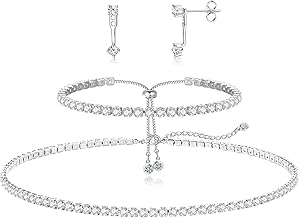 Sponsored Ad - Luxval Tennis Necklace Set for Women Tennis Bracelets Diamond Earrings Sterling Silver Necklace Wedding Jewelry for Bride Silver Jewelry Sets for Women Gift