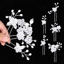 Sparkly Bridal White Flower Hair Pins Artificial Pearl Rhinestone Flower Hair Barrette Handmade 5 Pcs Crystal Pearl Clips White Flowers Zircon Clips for Brides Bridesmaids Women Girls (Silver)