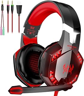 VersionTECH. G2000 Gaming Headset, Bass Surround Gaming Headphones with Noise Cancelling Mic, LED Lights, Soft Memory Earmuffs for PS5/ PS4/ Xbox One Controller/Laptop/PC/Mac/Nintendo NES Games-Red