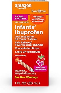 Amazon Basic Care Infants’ Ibuprofen Oral Suspension, 50 mg/1.25 mL, Berry Flavor Concentrated Drops, Dye-Free, 1 fl oz (Pack of 1)