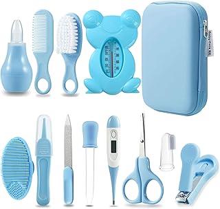 PandaEar Baby Healthcare and Grooming Kit, Baby Safety Set Baby Comb, Brush, Finger Toothbrush, Nail Clippers, Scissors, Nasal Aspirator, Baby Essentials Nursery Care Kit (13-in-1 Blue)