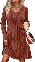 OFEEFAN Long Sleeve Sweater Dress Fall Dresses 2025 V Neck Empire Waist Baby Doll Dresses Women Casual Dress with Pockets