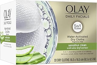 Makeup Remover Wipes by Olay Daily Facials Gentle Clean 5-in-1 Water Activated Cleansing Cloths, 33 count Packaging may Vary