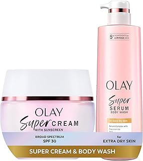 Super Cream with Sunscreen SPF 30 (1.7 oz) + Body Wash for Extra Dry Skin (18.5 oz) - 24hr Long Lasting Hydration - Vitamin C & E, Hyaluronic Acid, Niacinamide - Smooth, Brighten, Firm