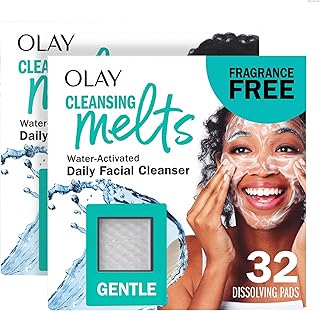 Face Wash, Gentle Cleansing Melts, Fragrance-Free, Daily Use Cleanser, For All Skin Types, Travel Size, Water-Activated to Clean, Tone, and Refresh, 64ct (2 Pack x 32ct)