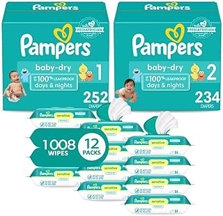 Baby Dry Disposable Baby Diapers Starter Kit, Sizes 1 (252 Count) & 2 (234 Count), with Sensitive Water Based Baby Wipes 12 Flip-Top Packs (1008 Wipes Total)