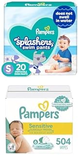 Splashers Swim Diapers - Size S, 20 Count, Gap-Free Disposabl + Pampers Sensitive Baby Wipes, Water Based, Hypoallergenic and Unscented, 6 Flip-Top Packs (504 Wipes Total) [Packaging May Vary]