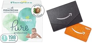Diapers Size 1, 198 Count - Pampers Pure Protection Disposable Baby Diapers, Hypoallergenic and Unscented Protection, ONE Month Supply x2 and Amazon.com Gift Card in a Mini Envelope