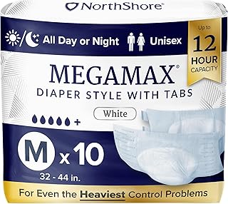 Sponsored Ad - MegaMax Adult Overnight Diapers, 12-Hour Tab-Style, Medium, 10 Count Bag, White, 32-44 inches, Unisex Incontinence Underwear