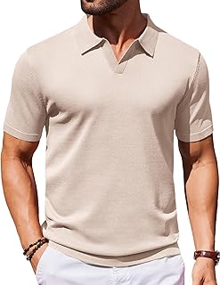 Mens Knit Polo Shirts V Neck Short Sleeve Stretch Polo T Shirt Casual Golf Shirts