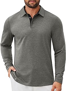 Mens Long Sleeve Polo Shirts Button Casual Tee Collared Work Pullover Shirts
