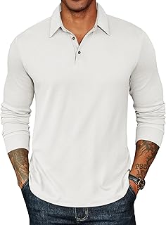 Mens Long Sleeve Polo Shirts Classic Casual Button Polo Tee Lightweight Collared Golf Shirt