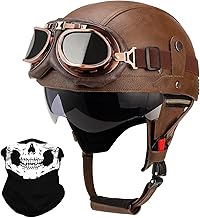 German Style Leather Motorcycle Half Helmet for Adults Men Women, DOT Approved Vintage Cap Half Face Shell Motorcycle Helmets for Cruiser Chopper+Goggles