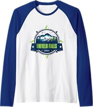 Mountain Adventure Design: Hiking & Camping in Enfield Falls Raglan Baseball Tee