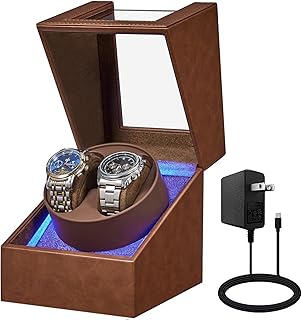 BEWISHOME Watch Winder for Automatic Watches, Double Watch Widner with Led Light 4 Modes, Automatic Watch Winder Box Watch Spinner with Japanese Quiet Motor Type-C Adapter or Battery Powered, SYQ02Z